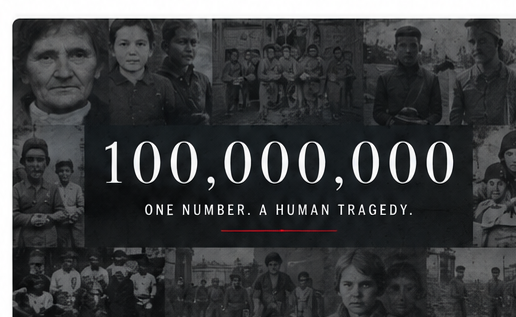 100 Million campaign collage with the number 100,000,000 and portraits representing victims of communist regimes